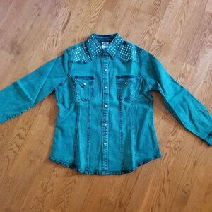 DG2 Jean Jacket Western Button Down Top - Embellished Denim NWT - green